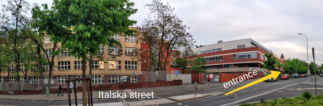 A photo pointing up the hill to the VSE building with our entrance.